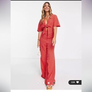 Mango Jumpsuit Medium Red Polka Dot Tie Front Wide Leg Short Sleeve